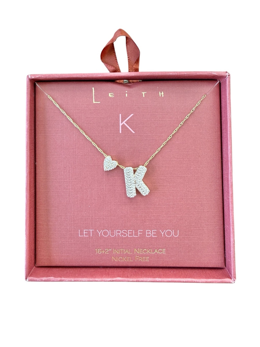 Nordstrom Leith Initial K Rhinestone Heart Necklace Gold Tone NIB 16-18”